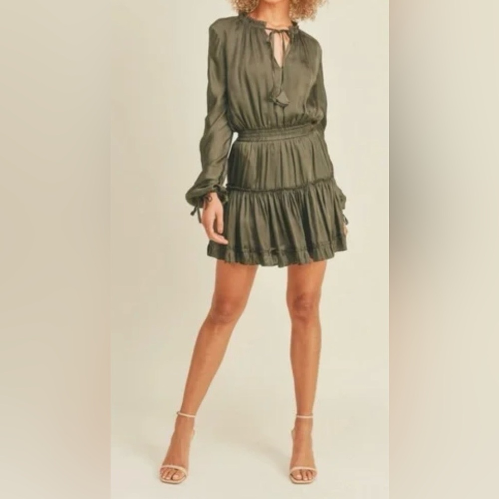 Reset ByJane Larissa Satin Silky Ruffle Sleeve Dress Teal Dark Green SKU444